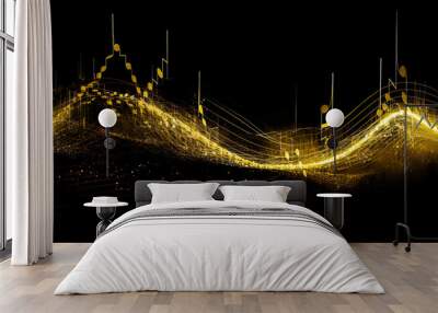 Golden Wavy Lines With Light Effect And Music Notes On Black Background. Ai generated Wall mural