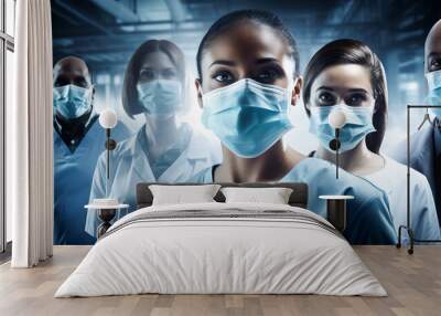 Group of multiethnic doctors with face masks looking at camera, corona virus concept Wall mural