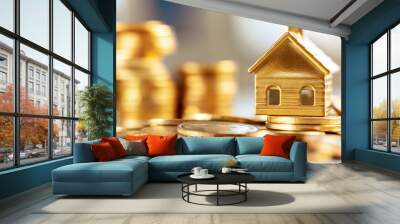 House Model on a Stack of Coins, Symbolizing Real Estate Investment and the Journey of Wealth Building Wall mural