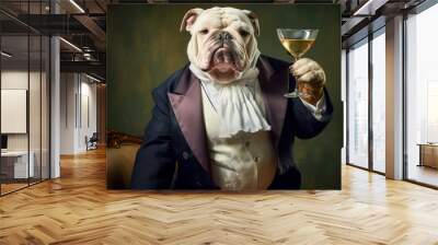 illustration of royal person bulldog sitting with glass of wine at the table. Celebrating concept Wall mural