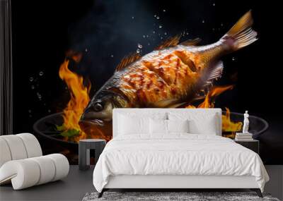 illustration of whole fish of carp in levitation, frying over flame grill on black background Wall mural