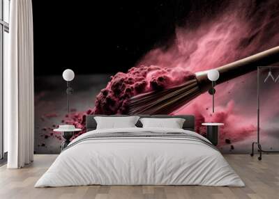 Makeup brush and crushed pink powder on dark background. makeup concept. generative AI Wall mural