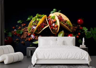 Mexican street food. traditional Mexican corn tacos composition on black background Wall mural