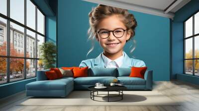 Portrait cute school girl in eyewear on blue background. Education concept. Ophthalmology concept.  Wall mural