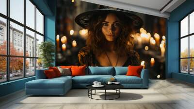 portrait of beautiful sexual witch on Halloween background Wall mural