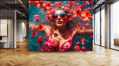 portrait of beauty girl in sunglasses swimming in pool surrounded by petals of flowers. resort concept. generative AI Wall mural