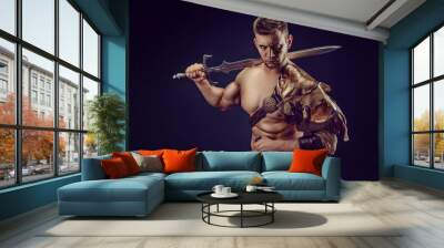 Portrait of handsome muscular gladiator with sword. Isolated. Studio shot.  Wall mural