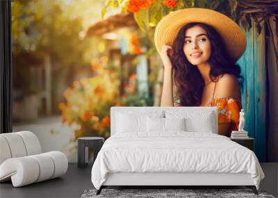 portrait of young woman in summer resort, travel concept. Young woman in hat traveler enjoying summer vacations. generative AI Wall mural