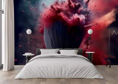 professional makeup brush with red powder isolated on black background. Art of visage. generative AI Wall mural