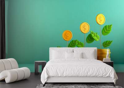 Stacks of gold coins are adorned with green leaves, symbolizing financial growth and investment. The turquoise background enhances the theme of prosperity and success Wall mural