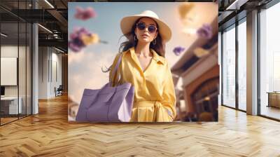 Stylish young woman in light yellow outfit with shopping bag outdoors. spring shopping concept Wall mural