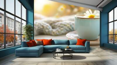 The soft morning light illuminates a delicate cup of tea, topped with a cheerful daisy, resting on a cozy textile. The atmosphere is tranquil and inviting, perfect for peaceful reflection Wall mural