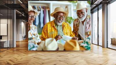 Three friends gather around a map, excitedly planning their next vacation. They wear vibrant summer attire and share a joyful atmosphere filled with friendship and adventure Wall mural