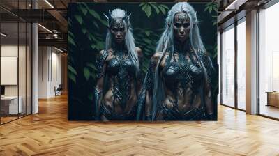 Two fantasy amazon females Ranger with tribal face paint wearing iron armor, generative AI Wall mural