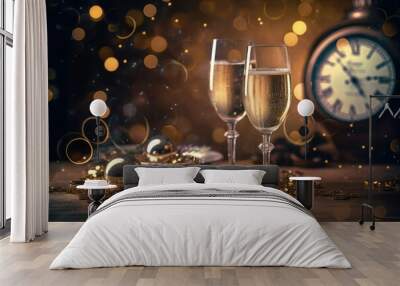 two glasses with champagne and clock on table with Christmas decorations. new year, generative AI Wall mural