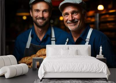 Two happy bakers showing trays of fresh buns in the kitchen of the bakery Wall mural