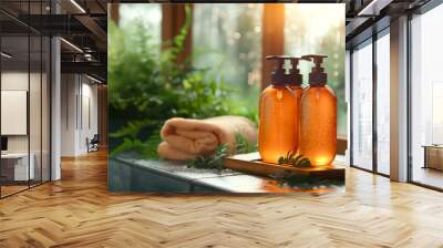 Warm sunlight streams through a window, illuminating two amber bottles of liquid soap positioned next to a soft towel and surrounded by vibrant green plants, creating a serene bathroom atmosphere Wall mural