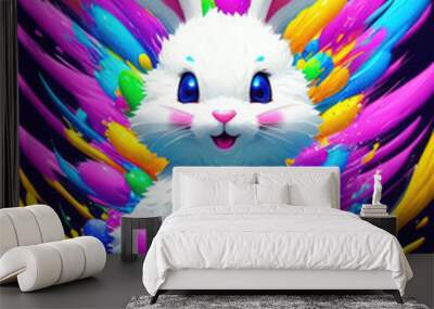 White Easter bunny against abstract background of colorful splash and colorful eggs. Generative AI Wall mural