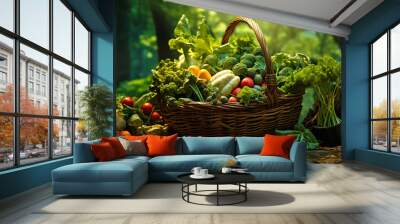 Wicker basket with assorted organic vegetables outdoor. eating healthy food. organic food Wall mural