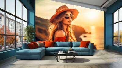 Young woman on a sea vacation. Portrait of a young woman in hat and sunglasses at a seaside resort. Generative AI  Wall mural