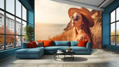 Young woman on a sea vacation. Portrait of a young woman in hat at a seaside resort. Generative AI Wall mural