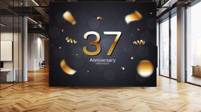 37th anniversary celebration Gold numbers editable vector EPS 10 shadow and sparkling confetti with bokeh light black background. modern elegant design for wedding party or company event decoration Wall mural