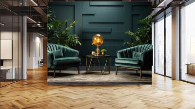 interior design of two couple modern sofa chair in dark green color with wall decoration and gold accent. can be use for copy space, mock up, quotes, wallpaper Wall mural