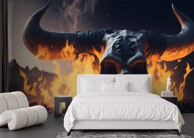 bull skull on fire image art illustration, generative Ai art Wall mural