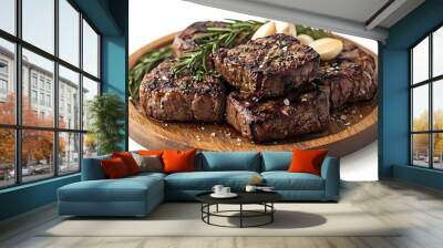 delicious grilled beef steak with vegetables at wooden plate	 Wall mural