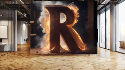 Letter R wooden on fire image art illustration, generative Ai art Wall mural