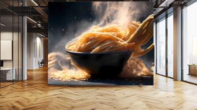 noodle in a bowl on a dark background with smoke and fire. generative Ai art illustration Wall mural