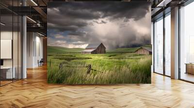 two old wooden barns and storm clouds, palouse region of eastern washington. Wall mural