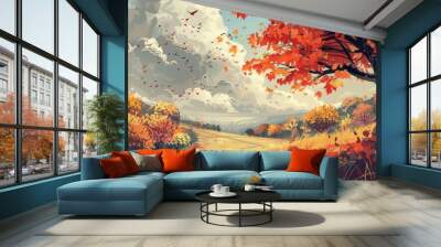 Autumn landscape with falling leaves Wall mural