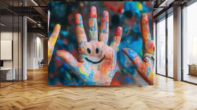 Colorful painted children hands with smiling faces, world children day Wall mural