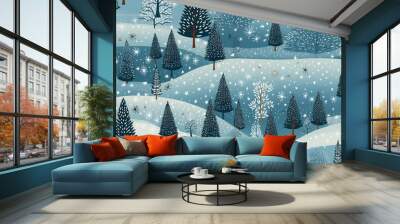 seamless pattern snow covered landscape with trees Wall mural