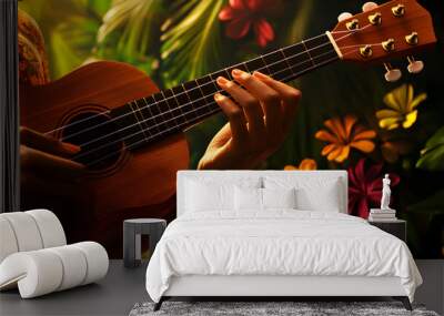 A close-up of a woman’s fingers strumming a ukulele, with vibrant flowers in the background.


 Wall mural