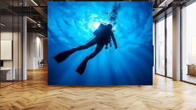 A diver’s silhouette against a blank, blue background.


 Wall mural