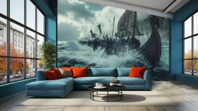 A group of Viking raiders charging ashore from their longship, with waves crashing against the rocky shore. Epic shot.


 Wall mural