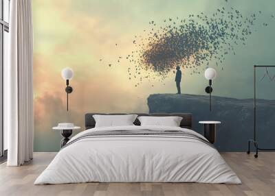 A person standing on a cliff, with their head dissolving into a flock of birds taking flight.


 Wall mural