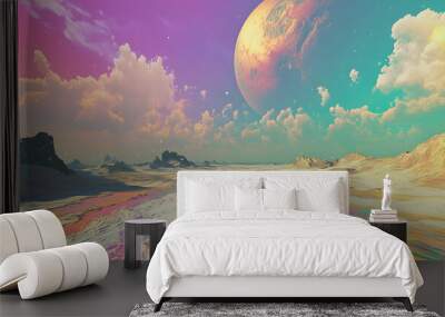 A planet with a sky that shifts between different colors, with the ground covered in rainbow-like sands.


 Wall mural