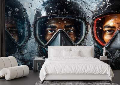 A series of close-up portraits of deep-sea divers, with water droplets and diving masks, captured as they emerge from the depths.


 Wall mural