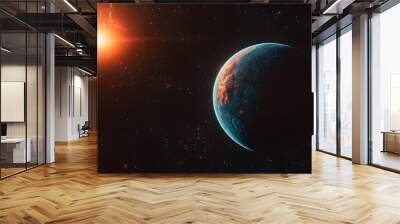 A single, glowing planet just peeking over the horizon of an empty world.


 Wall mural