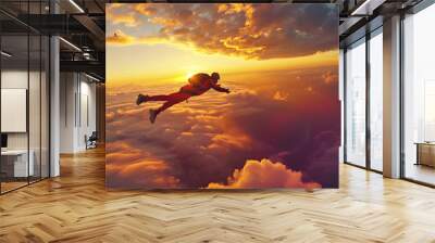 A skydiver freefalling through the clouds with a vibrant sunset in the background. Epic shot.


 Wall mural