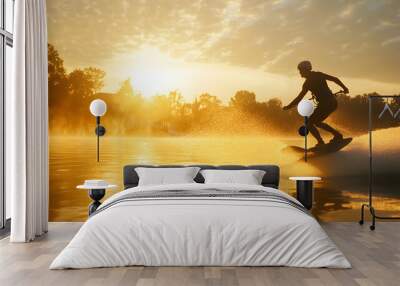 A wakeboarder launching off a ramp at sunrise, with the early morning light creating a golden halo around the rider and casting long shadows on the water.


 Wall mural