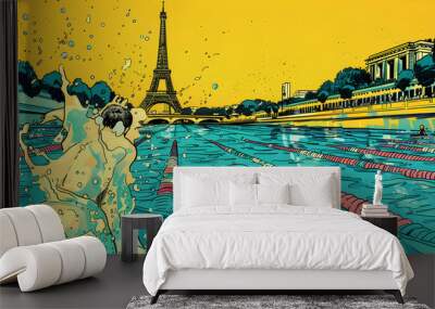 Comic Book Swimming: Comic book-style illustration of a swimming race with the Eiffel Tower in the background on a yellow background.


 Wall mural