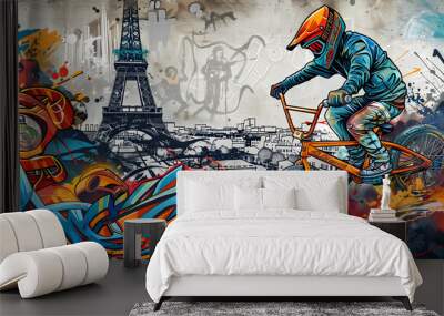 Graffiti BMX: A graffiti-style illustration of a BMX rider with the Eiffel Tower in the background on a concrete wall background.


 Wall mural