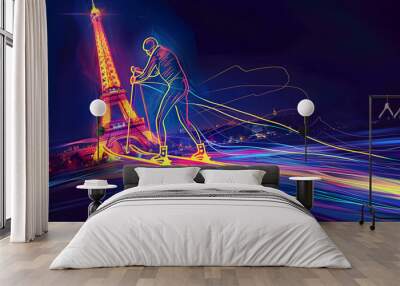 Neon Cross-Country Skier: Bright neon lines forming a cross-country skier with the Eiffel Tower in the background on a dark blue background.


 Wall mural