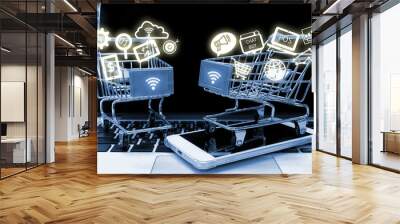 Data Management Platform marketing crm and smart retail concept. Infographic with two shopping carts on smart phone laptop in retail shop background Wall mural