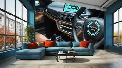 Smart car (HUD) concept. Empty cockpit in vehicle and Self-Driving mode car screen . Wall mural