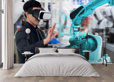 virtual reality technology in industry 4.0. business man suit wearing vr glasses to see ar service , Wall mural